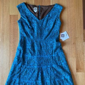 Anne Klein Teal Blue/Brown Lace Dress